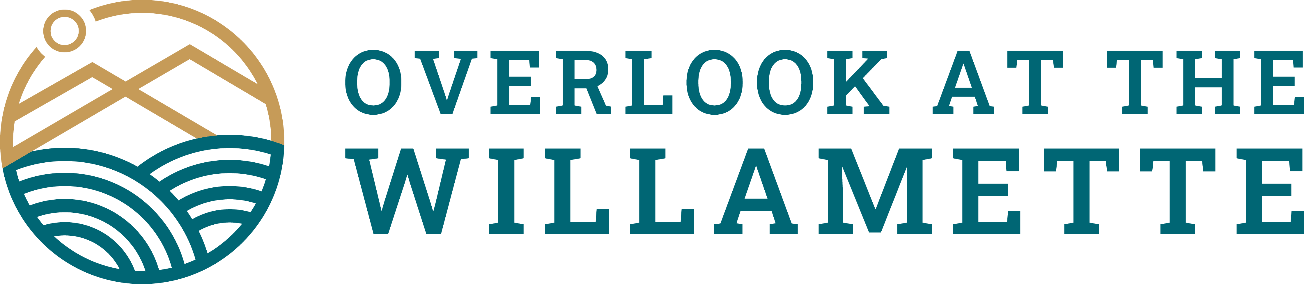 A graphic with text that reads "Overlook at the Willamette" and a stylized image of a mountain and water.